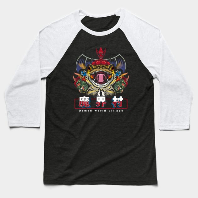 Demon World Village Baseball T-Shirt by logozaste